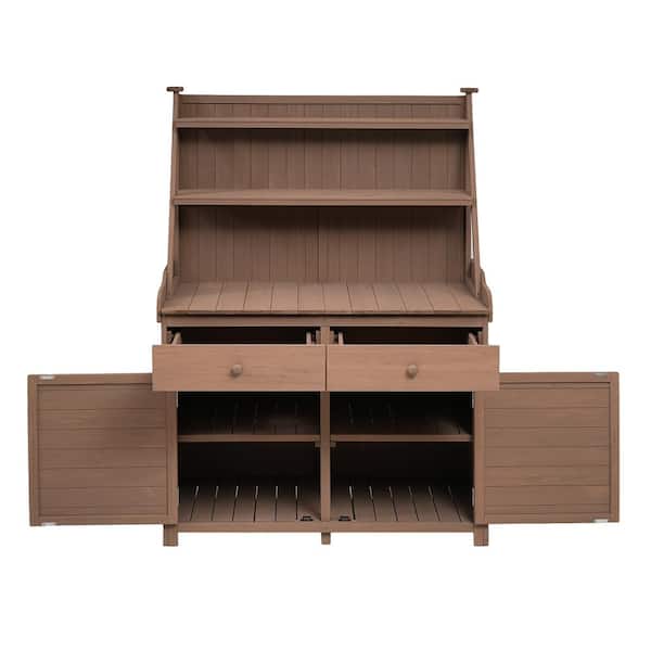 Unbranded 65 in. Garden Potting Bench Table, Fir Wood Workstation with Storage Shelf, Drawer and Cabinet, Brown