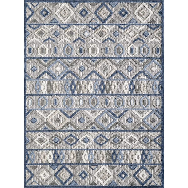 Kas Rugs Calla Grey/Blue Aztec 2 ft. x 4 ft. Tribal Indoor/Outdoor Area Rug