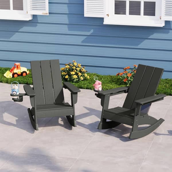 Children's Shoreside Gray Patio All Weather Kids Poly Plastic Outdoor Rocking Chairs w/ Cup Holders (Set of 2)