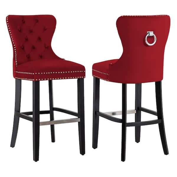 WESTINFURNITURE Harper 29 in. Red Velvet Tufted Wingback Kitchen Counter Bar Stool with Black Solid Wood Frame (Set of 2)
