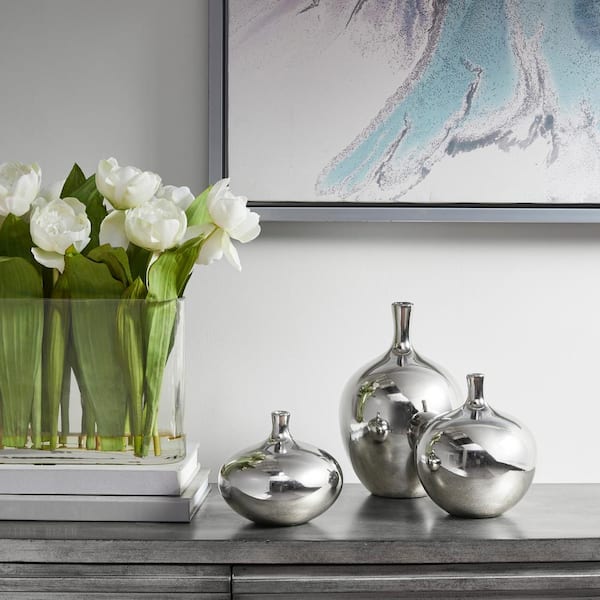 MADISON PARK Signature Ansen 3-Piece Silver Mirrored Ceramic Decorative Vases 3-piece set