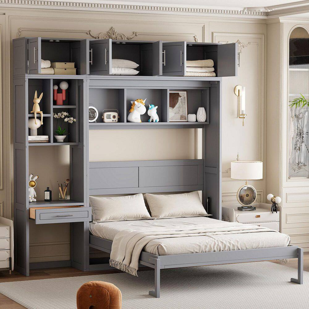 Gray Wood Frame Queen Size Murphy Bed with Desk, Top Cabinet and Storage Shelves price history on PriceWatchPro