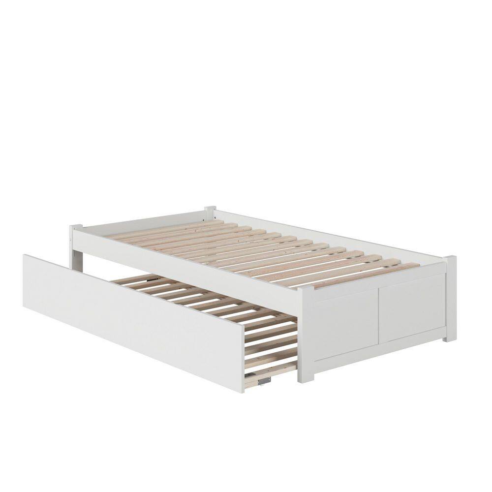 White bed frame with slatted headboard and base.
