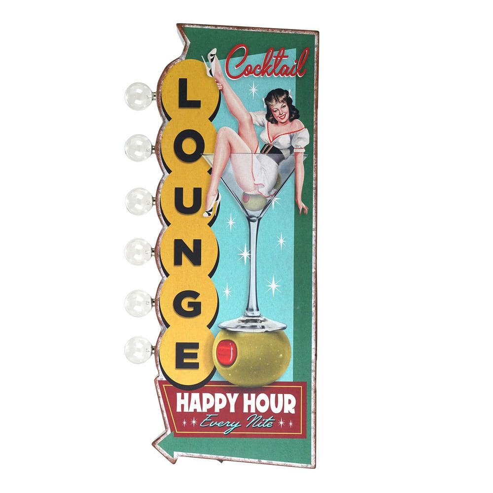 Vintage Metal LED Cocktail Lounge Happy Hour Sign with Galvanized Finish