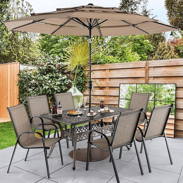 Costway 28.3 in. Cast Aluminum Outdoor Dining Table All Weather Umbrella Hole 6 Person Bronze GHMHSKU00044 The Home Depot