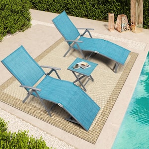 3-Piece Adjustable Aluminum Outdoor Chaise Lounge in Blue with Side Table