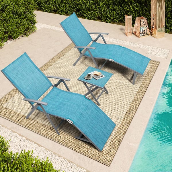 Pellebant 3-Piece Adjustable Aluminum Outdoor Chaise Lounge in Blue with Side Table