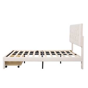 54.00 in. W Beige Wood Frame Full Size Storage Bed Velvet Upholstered Platform Bed with a Big Drawer