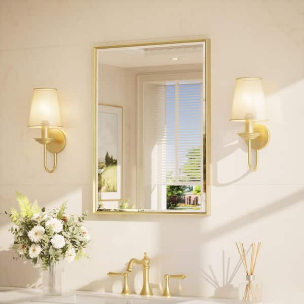 22 in. W x 30 in. H Framed Brushed Gold Mirrors for Bathroom Wall Beveled Mirror Bathroom Vanity Mirror Over Sink