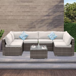 Grey 7-Piece PE Rattan Wicker Outdoor Patio Conversation Sofa Chair Sectional Set with Glass Table and Beige Cushions