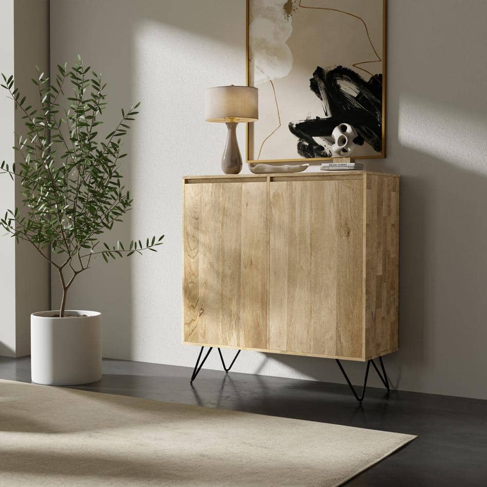 Hunter Natural Mango Wood and Black Metal Freestanding Storage Cabinet