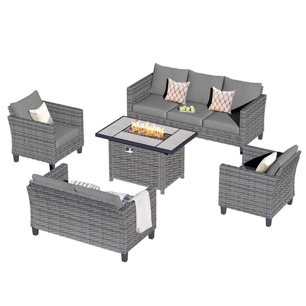 New Star Gray 5-Piece Wicker Patio Rectangle Fire Pit Conversation Seating Set with Dark Gray Cushions