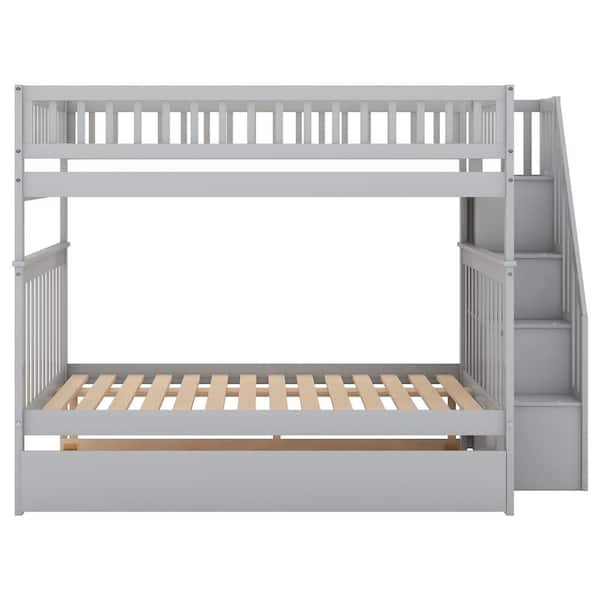 wetiny Gray Full Over Full Bunk Bed with Trundle and Staircase