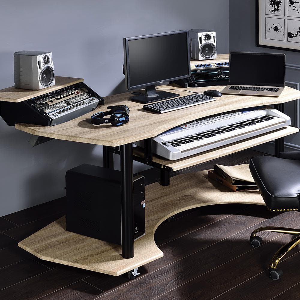 Natural Oak Studio Desk with Keyboard Tray and Shelves