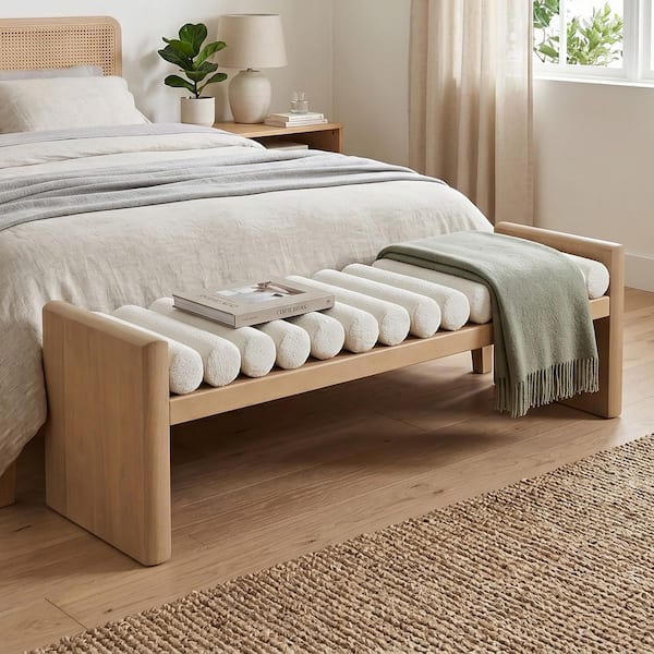 Wanda Modern Natural and Beige Chenille Upholstered Ottoman Bench with Solid Wood Frame