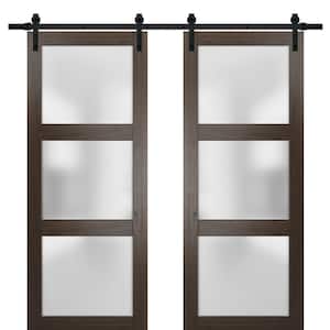 64 in. x 80 in. 3-Panel Brown Finished Wood Sliding Door with Double Barn Hardware