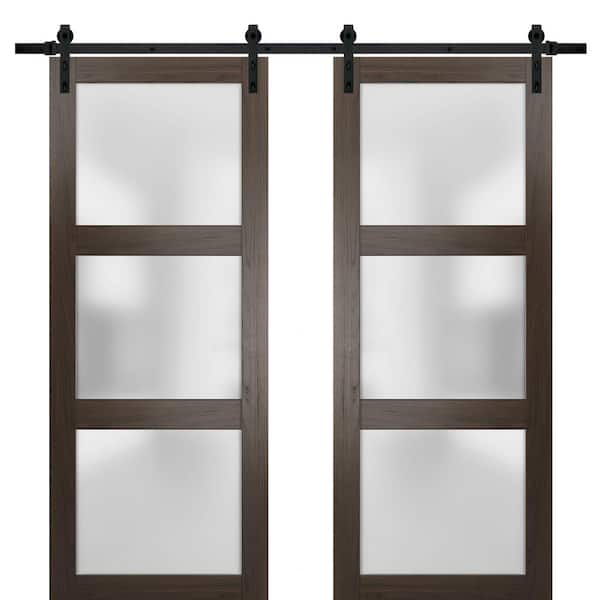 2552 64 in. x 96 in. 3 Panel Brown Finished Wood Sliding Door with Double Barn Hardware