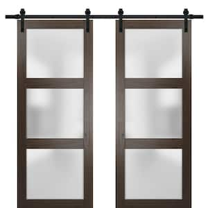 2552 72 in. x 80 in. 3 Panel Brown Finished Wood Sliding Door with Double Barn Hardware