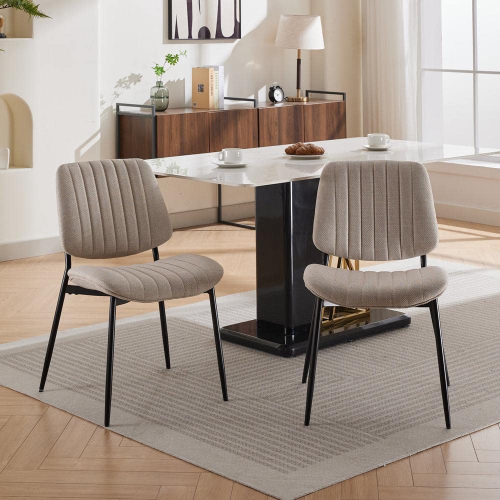 Modern Retro Beige Linen Dining Chairs with Bentwood Back Upholstered Seat 