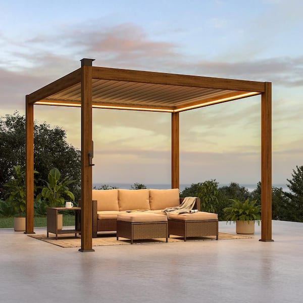 Nordica Series 10 ft. x 10 ft. Aluminum Louvered Pergola with Solar-Powered LED Lights, Wood Grain