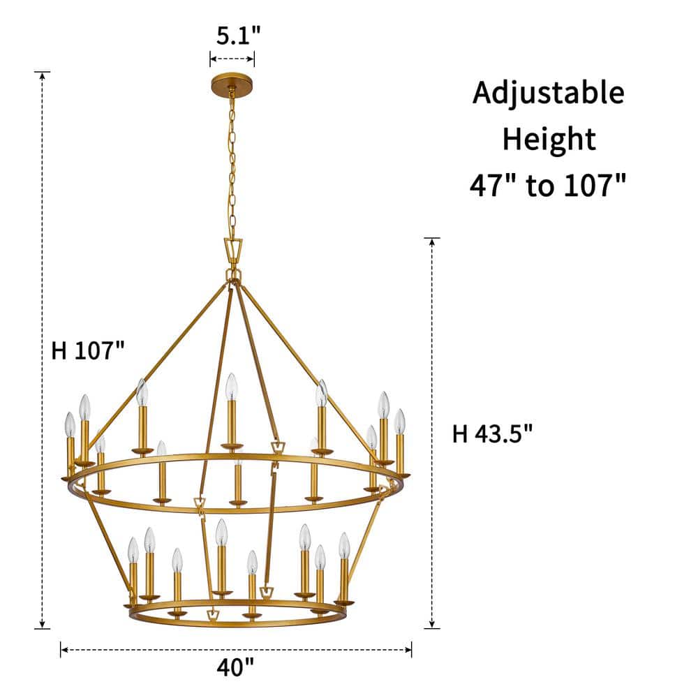 Gold 2-Tier Brass Candle-Style Chandelier with 20 Lights