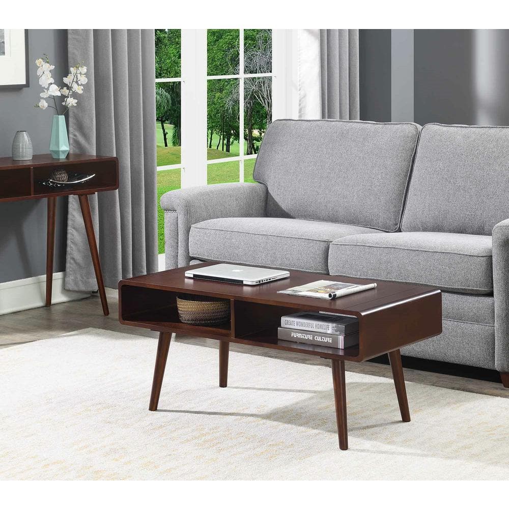 Mid-Century Modern Espresso Rectangular Coffee Table with Open Cubbies
