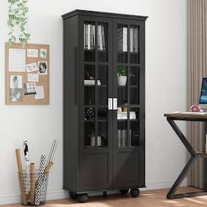 Black Cabinet, Bookcase with Ball-Shape Legs, 5-Tier Shelves