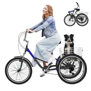 26 in. Adult Folding Tricycle 7 Speed Adult Tricycles Cruiser Trike with Large Basket/Adjustable Seat