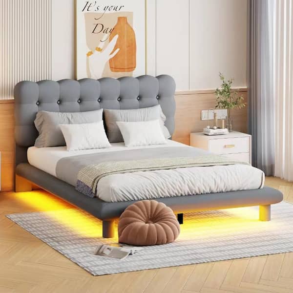 Harper & Bright Designs Gray Wood Frame Queen Velvet Upholstered Platform Bed with LED Lights, Button-Tufted Headboard, Center Support Legs