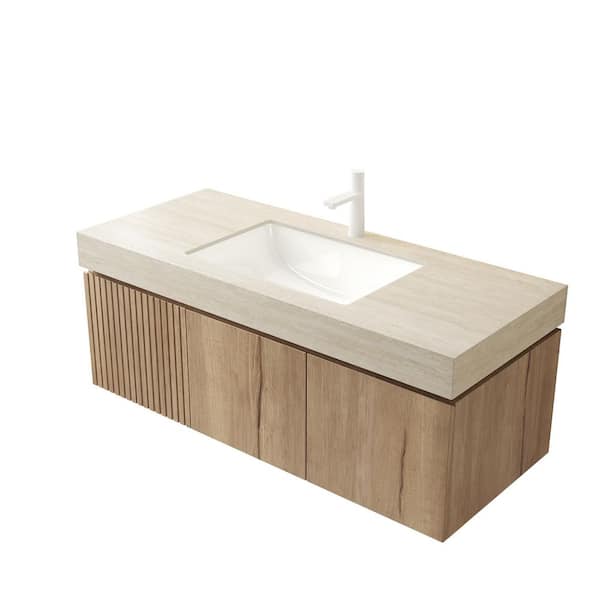 48in. Floating Single Sink White Oak Bath Vanity with Oak Sintered Stone Top