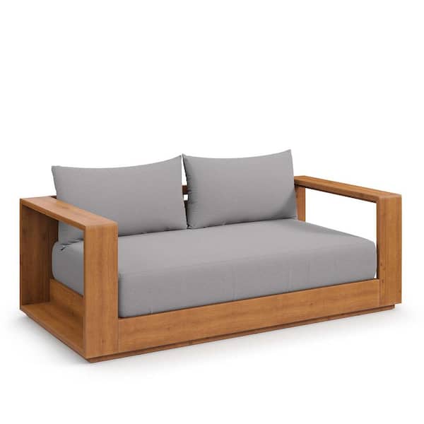 Tahoe Acacia Wood Outdoor Patio Acacia Wood Loveseat in Natural with Cushion in Light Gray