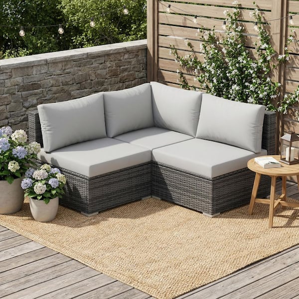3-Piece Gray PE Wicker Outdoor Couch Oversized Patio Sofa Sectional with Light Gray Cushion