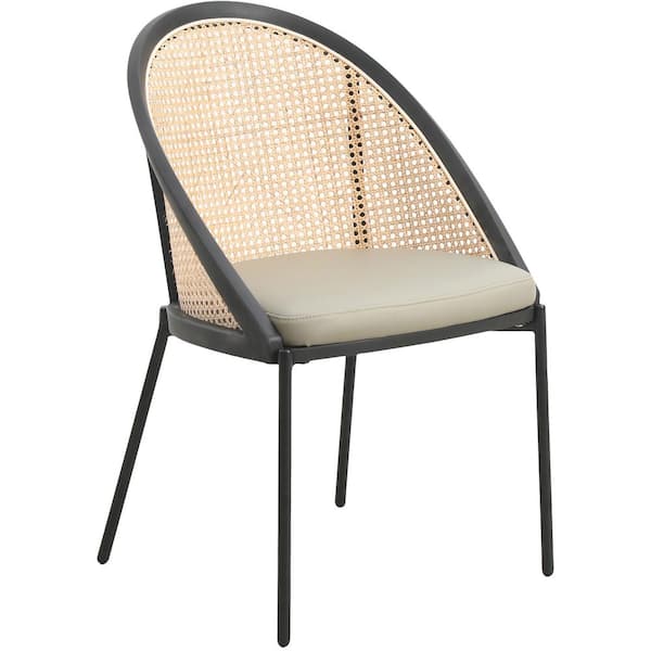 Leisuremod Dining Chair with Vinyl Fabric Seat and Wicker Backrest in Black Stainless Steel Urbane Collection in Olive Green