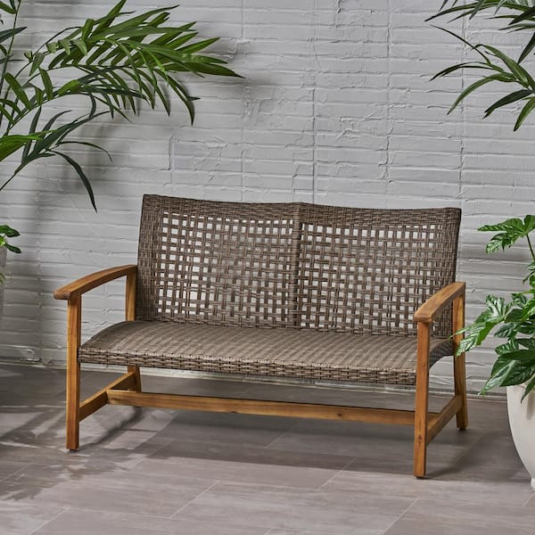 Unbranded Classic 52 in. Wicker Outdoor Loveseat Features Acacia Wood Frame for Porch, Balcony, Deck, Patio, Backyard, Brown