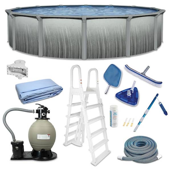 Martinique 27 ft. Round 52 in. Deep Hard Sided Above Ground Pool Package w/ Sand Filter, Ladder, Skimmer, Liner