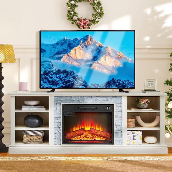 70 in. Freestanding Electric Fireplace TV Stand with 23" Fireplace Insert, Media Console with Large Storage, White