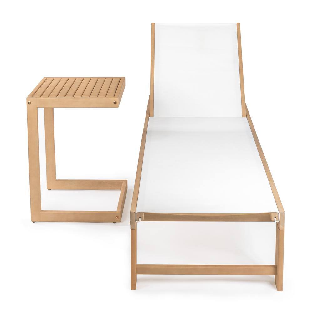 White and Light Teak Acacia Wood 3-Position Outdoor Chaise Lounge Set with Side Table