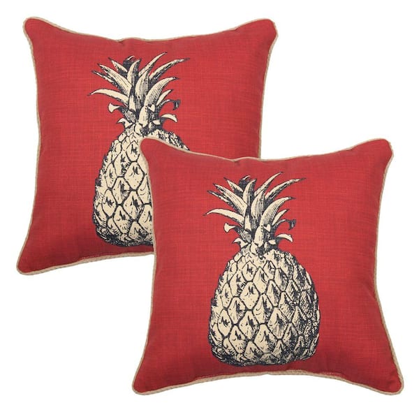 Hampton Bay 16 in. Pineapple Ruby Outdoor Toss Pillow with Braided Rope Trim (2-Pack)