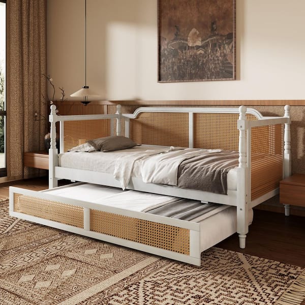 Evan Traditional Antique White Twin Size PE Rattan Daybed with Trundle