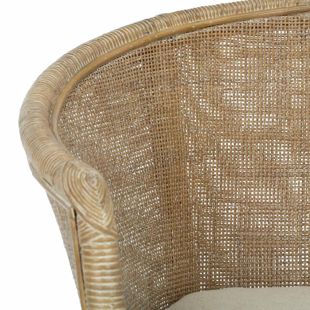 Transitional Whitewashed Rattan Armchair with Off-White Linen Cushion