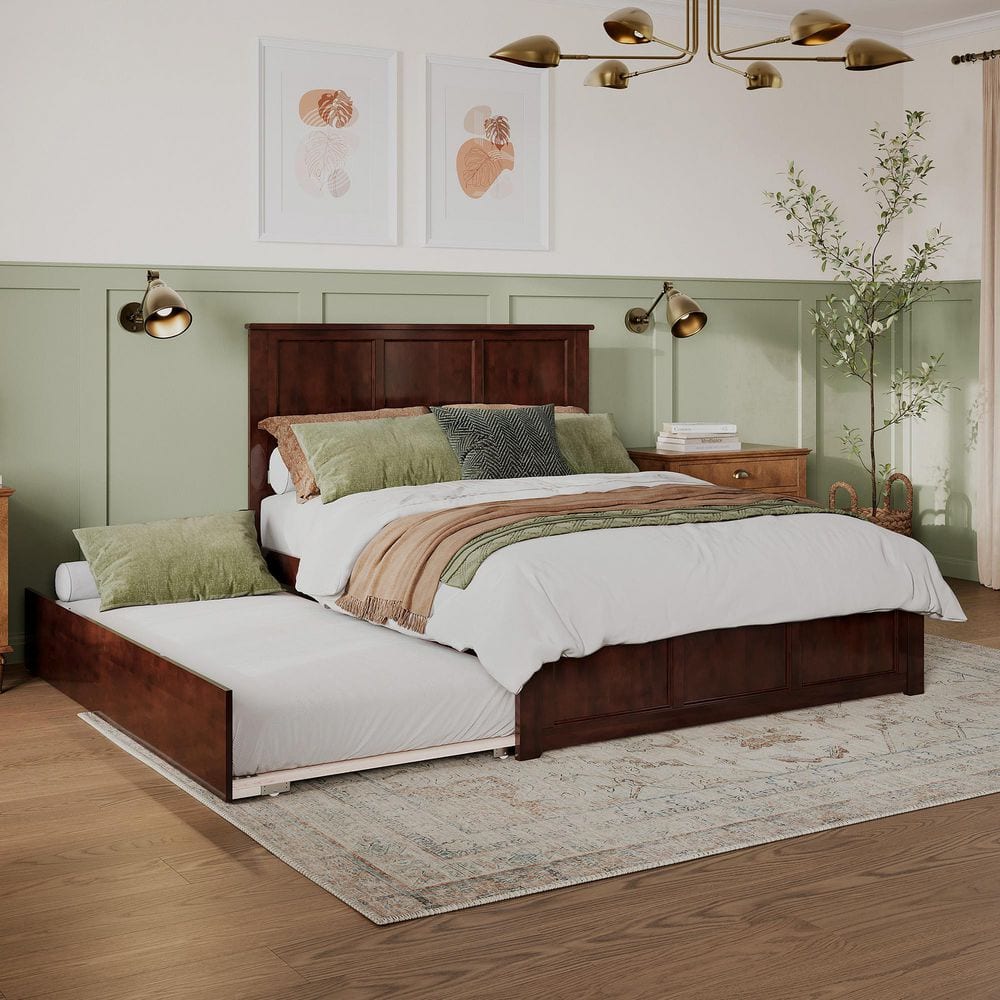 Madison Walnut Brown Solid Wood Frame Queen Platform Bed with Matching Footboard and Twin XL Trundle