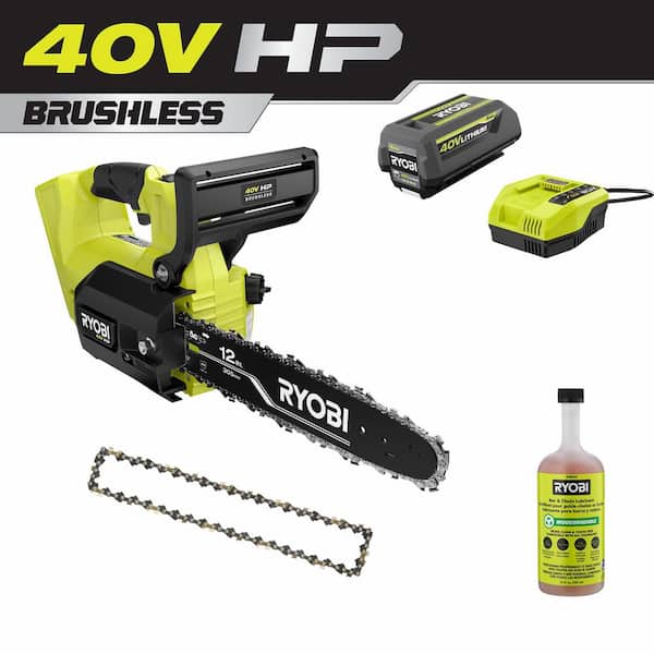 RYOBI 40V HP Brushless 12 in. Top Handle Battery Chainsaw w/Extra Chain, Bar & Chain Oil, 4.0 Ah Battery, & Charger
