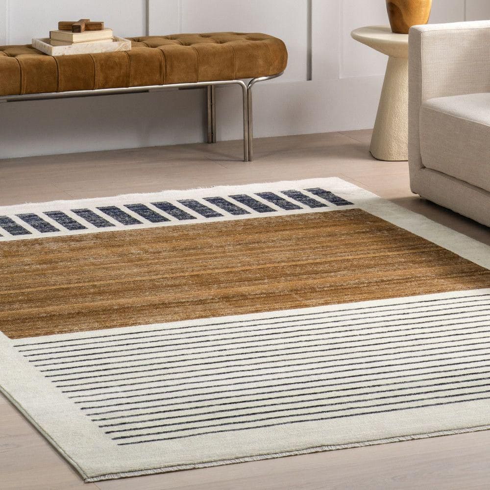 Keeva Modern Striped Fringe Beige and Black Synthetic Area Rug 8' x 10'