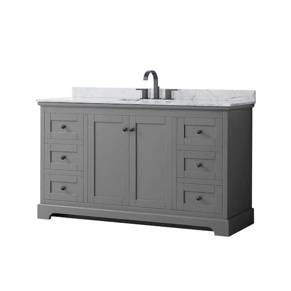 Wyndham Collection Avery 60 in. W x 22 in. D x 35 in. H Single Bath Vanity in Dark Gray with White Carrara Marble Top