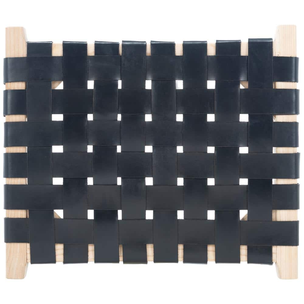 Elegant Airy Charm Black Woven Leather and Natural Wood Counter Stool
