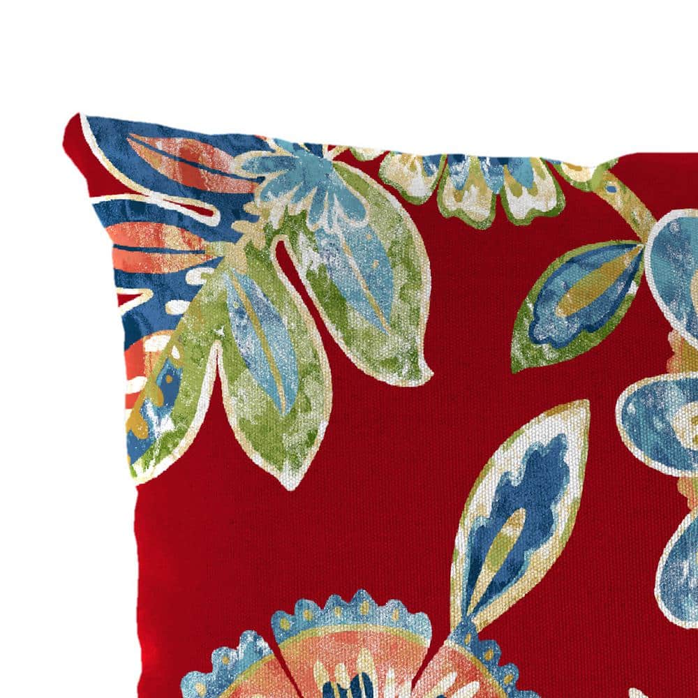 Set of 2 Red Floral Polyester Outdoor Lumbar Pillows