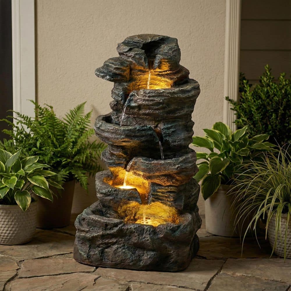 35 in. H 6-Tier Outdoor Waterfall Water Fountain Freestanding Cascading Water Fountain with LED Lights price history on PriceWatchPro