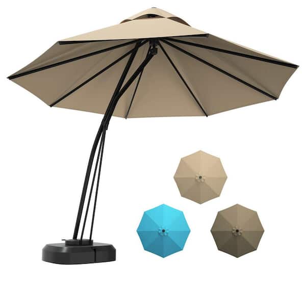 ANGELES HOME 11 ft. Aluminum Cantilever Hanging Patio Umbrella with Base and Wheels in Beige