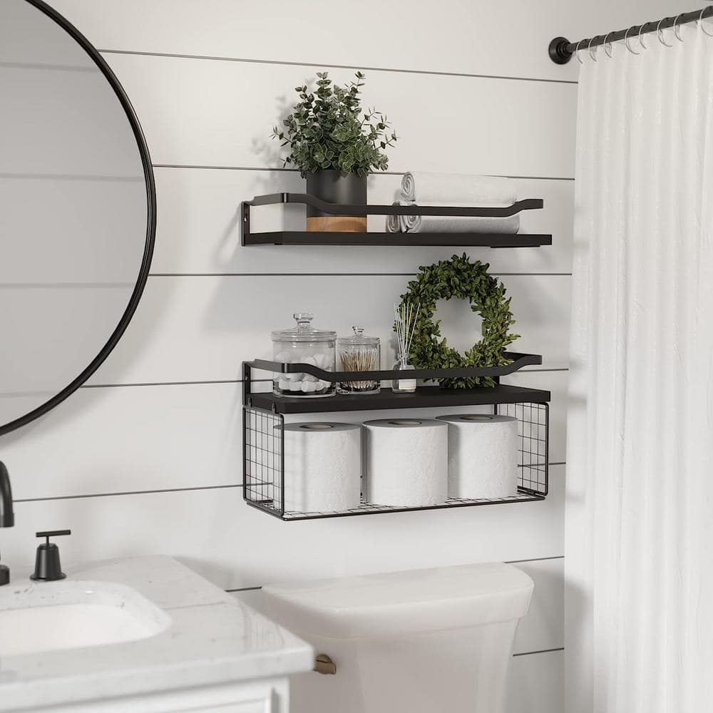 Black Wood Floating Wall Shelves with Wire Basket
