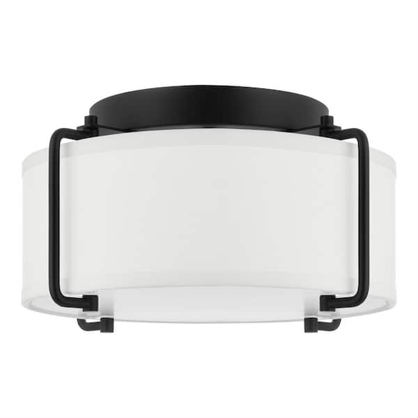 Home Decorators Collection Brookley 13 in. 2-Light Matte Black Flush Mount with White Fabric Shade
